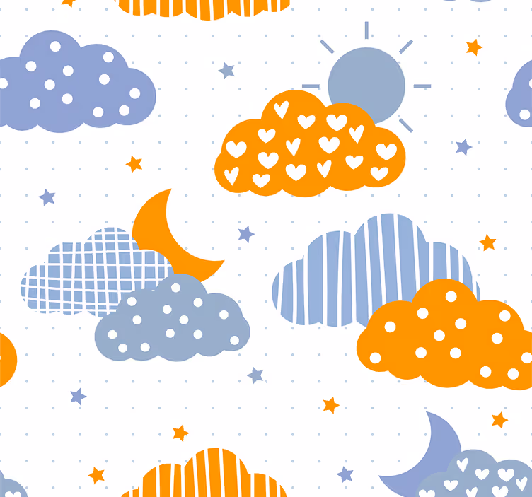 Rullgardin barn blåa och orangea moln och sol - Tenstickers