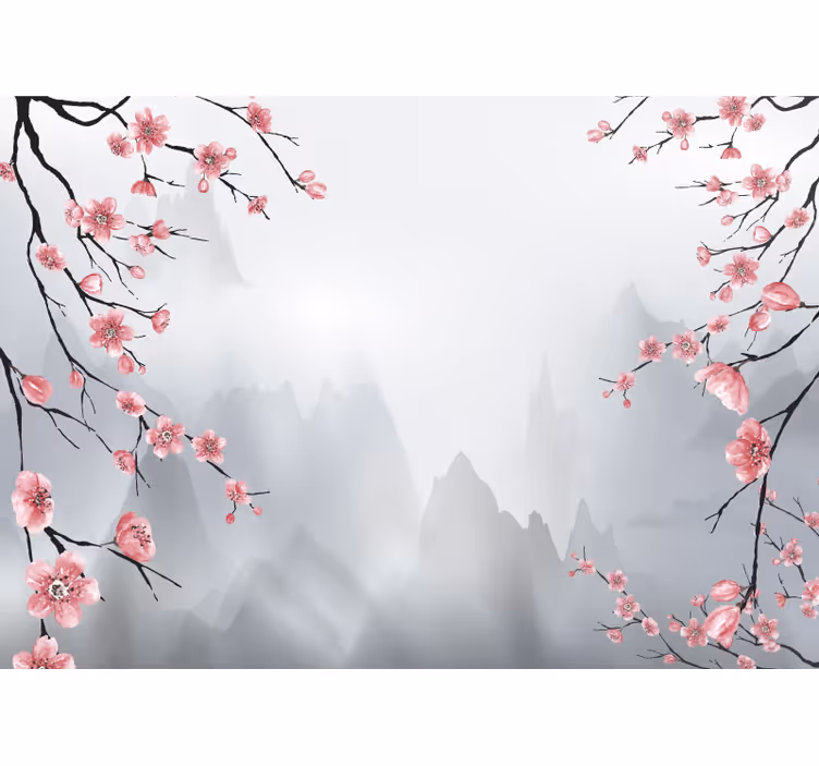 Rullgardin kök körsbärsblomma och berg - Tenstickers