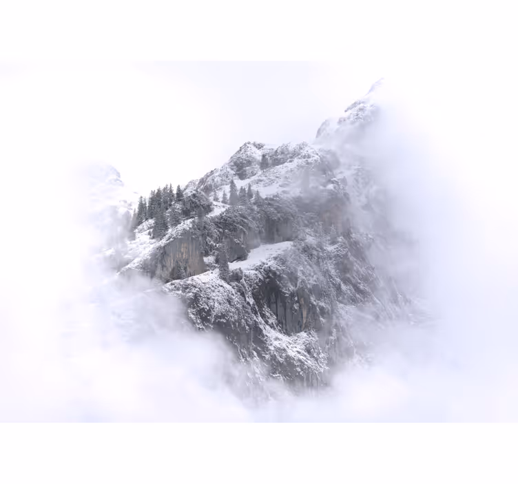 Rullgardin vardagsrum snöig bergslandskap med moln - Tenstickers