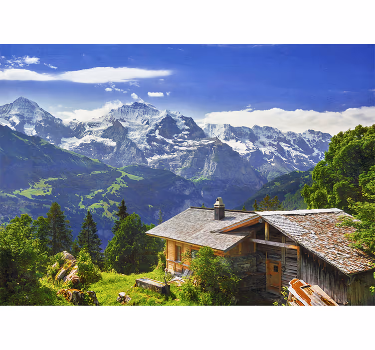 Rullgardin vardagsrum grindelwald snöberg och grön äng - Tenstickers