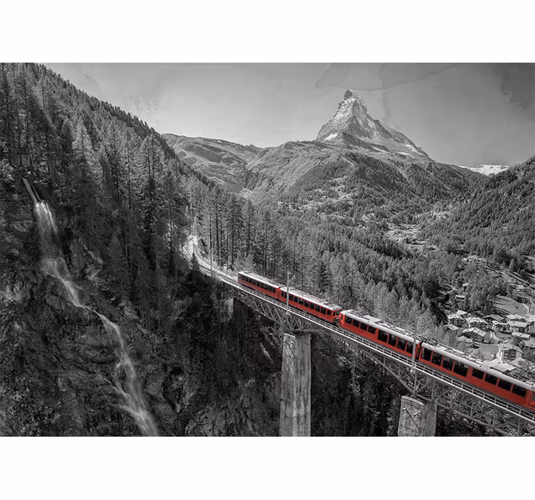 Rullgardin vardagsrum röd tåg på bro med matterhorn - Tenstickers