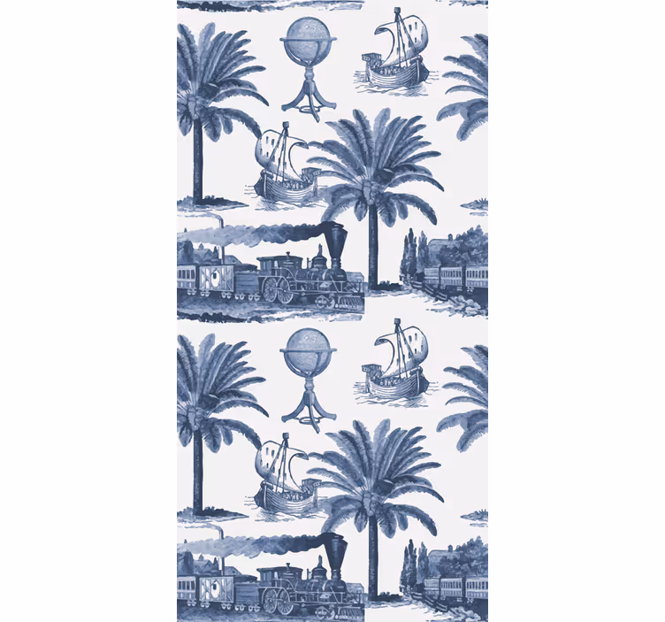 Rullgardin vintage palmträd och blå tåg - Tenstickers