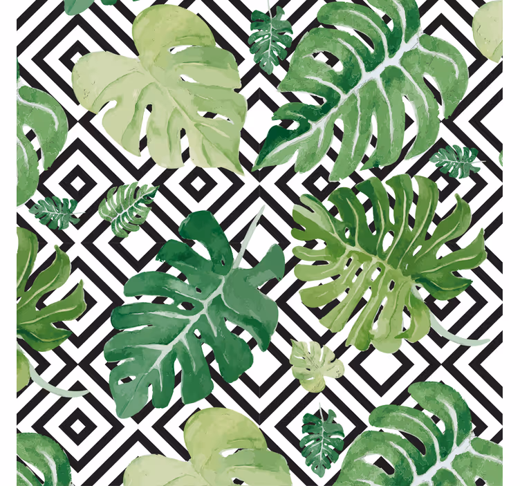 Rullgardin vardagsrum monstera blad över geometrisk mönster - Tenstickers