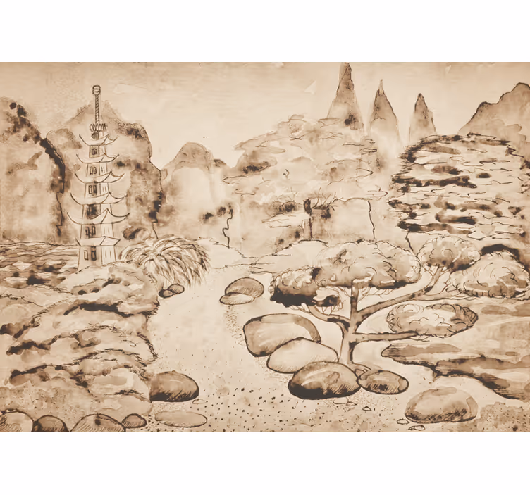 Rullgardin beige japandi stil japansk trädgård - Tenstickers