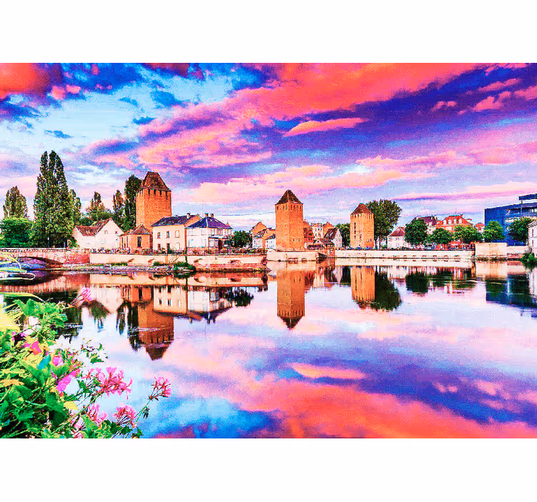 Rullgardin sovrum rosa himmel speglas i vatten - Tenstickers