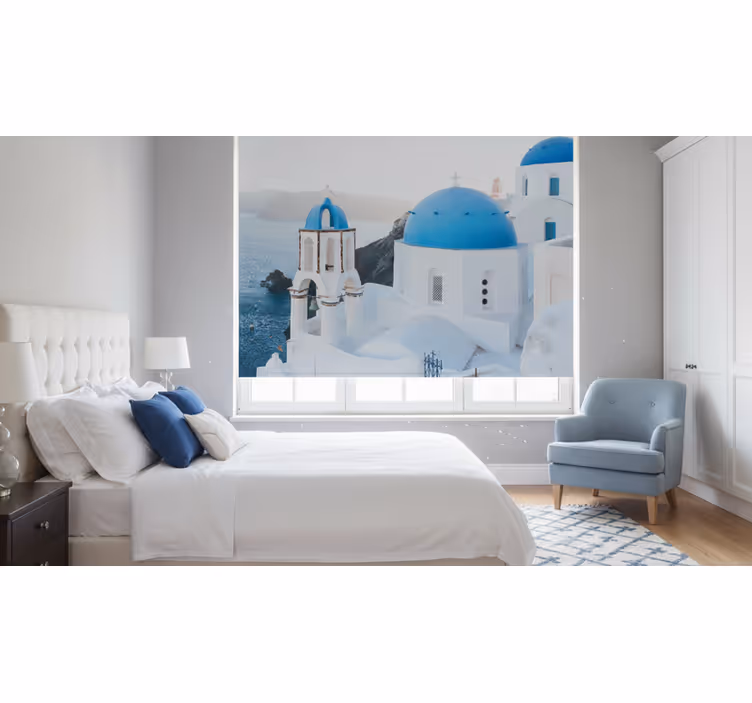 Rullgardin sovrum santorini vita och blå hus hav - Tenstickers