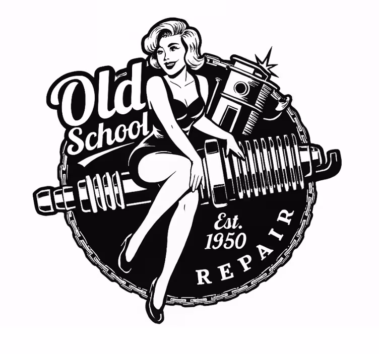 Rullgardin vardagsrum vintage garage pinup - Tenstickers