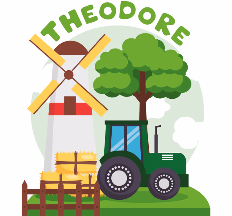 Rullgardin barn grön traktor med kulle och moln - Tenstickers