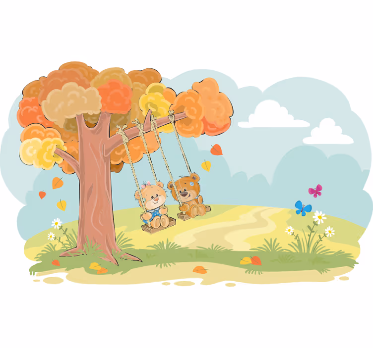 Rullgardin barn med teddygrisar i skogen - Tenstickers