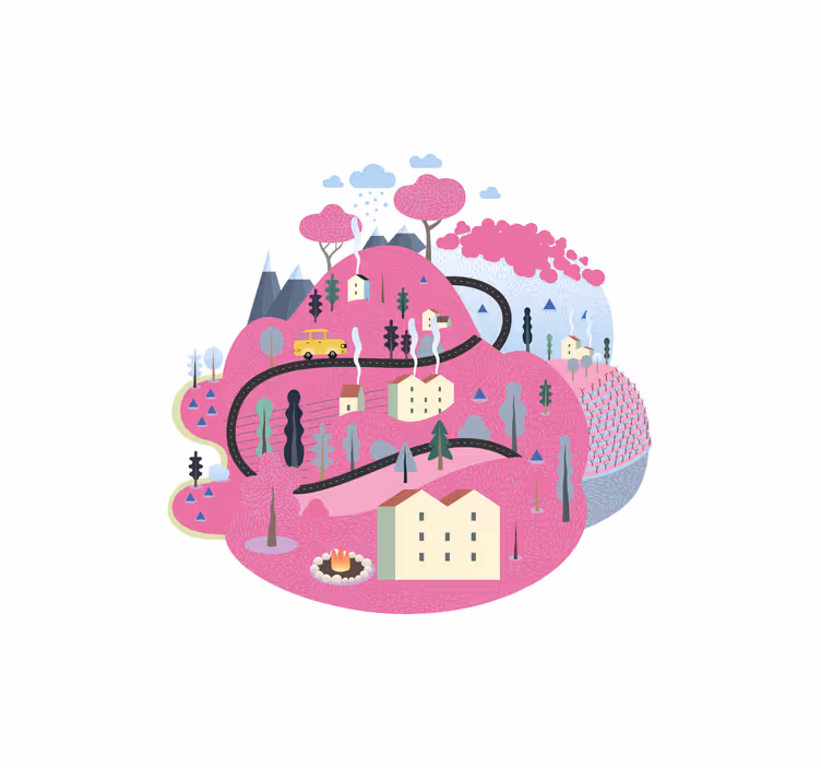 Rrullgardin barn rosa berg med hus - Tenstickers