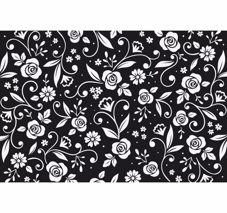 Svart rullgardin med abstrakt vitt blommönster - Tenstickers