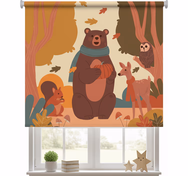 Rullgardin barn glada djur i höstskogen - Tenstickers