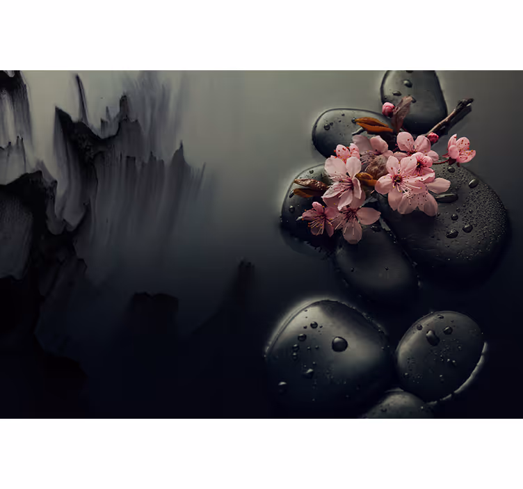 Rullgardin badrum eleganta blommor zen stenar - Tenstickers