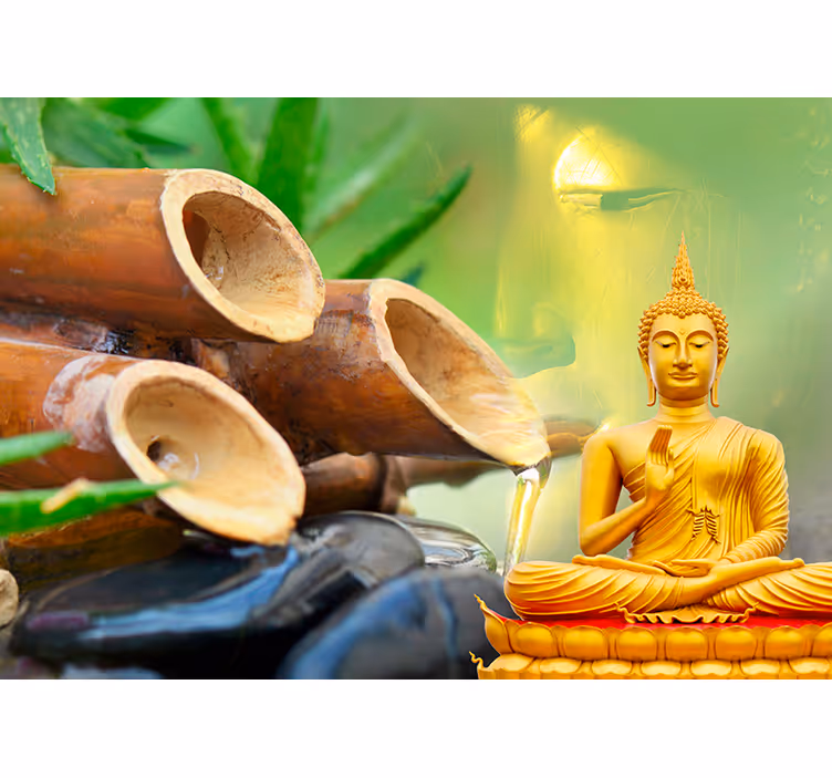 Rullgardin zen fototapet buddha guld med bambu - Tenstickers