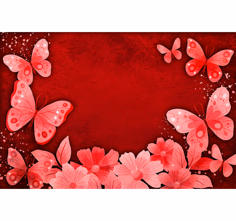 Rullgardin röd med blommor och fjärilar design - Tenstickers