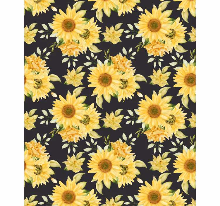 Solros mönster svart bakgrund blomma rullgardin - Tenstickers
