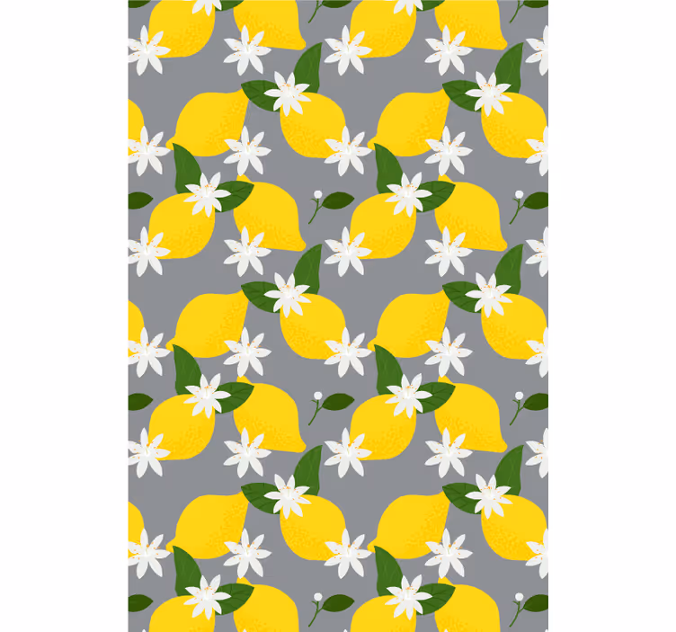 Gul citron på grå frukt- och grönsaksgardin - Tenstickers