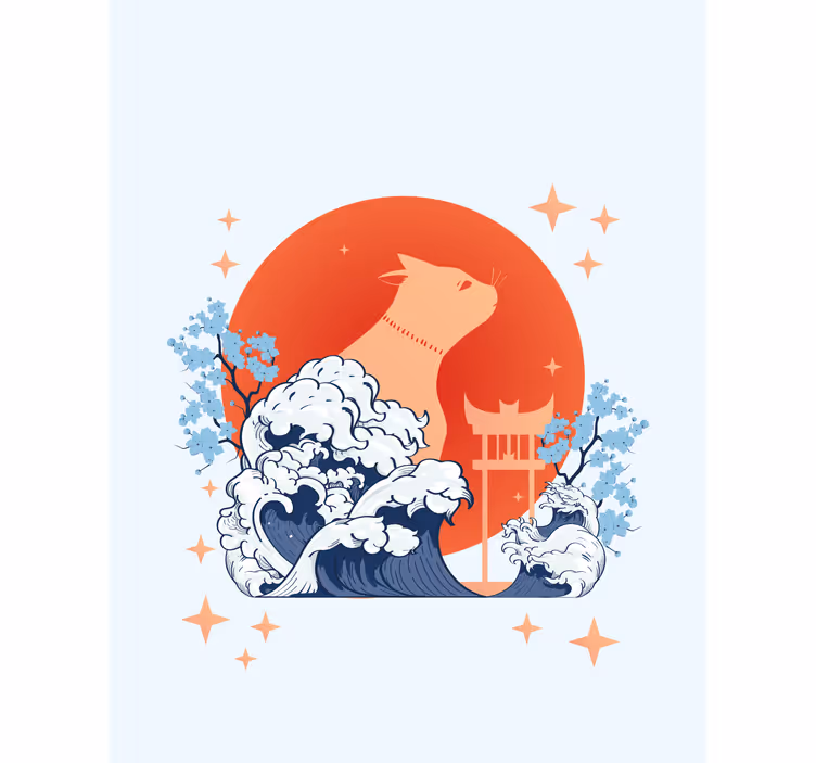 Anime katt med våg original rullgardin - Tenstickers