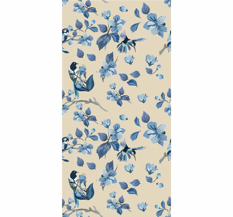 Blå fåglar och löv Rullgardin blommor och växter - Tenstickers