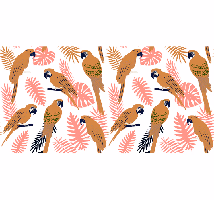 Fototapet djungel orange papegojor med rosa blommor - Tenstickers