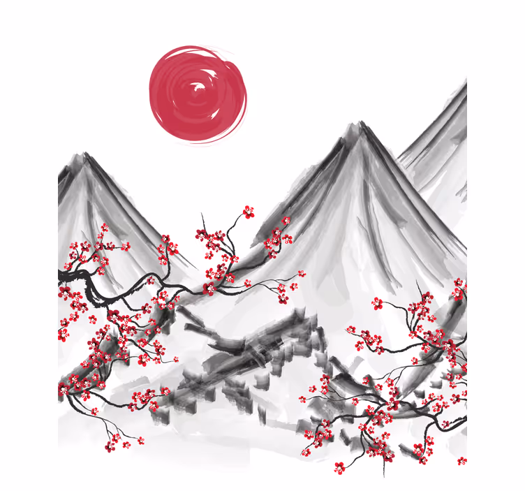 Fototapeter vit japansk stil röd sol - Tenstickers