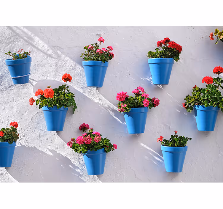 Blå blomkrukor fototapet - Tenstickers