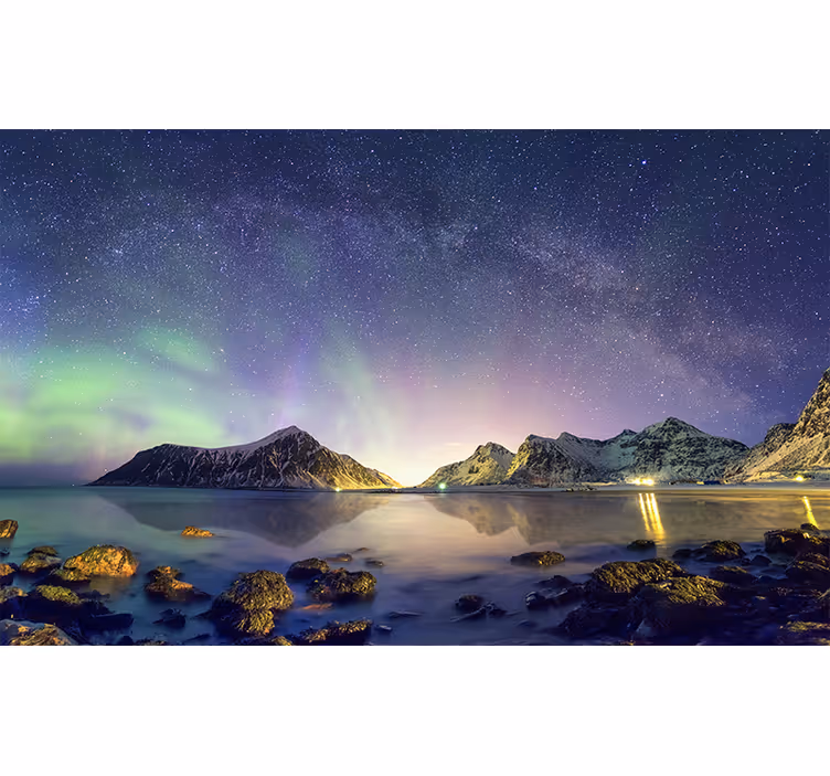 Aurora borealis med snö berg fototapeta - Tenstickers