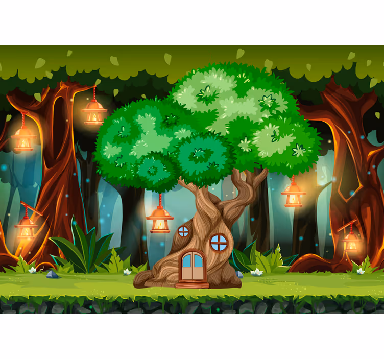 Fantasy trädhus lyktor barn fototapeter - Tenstickers