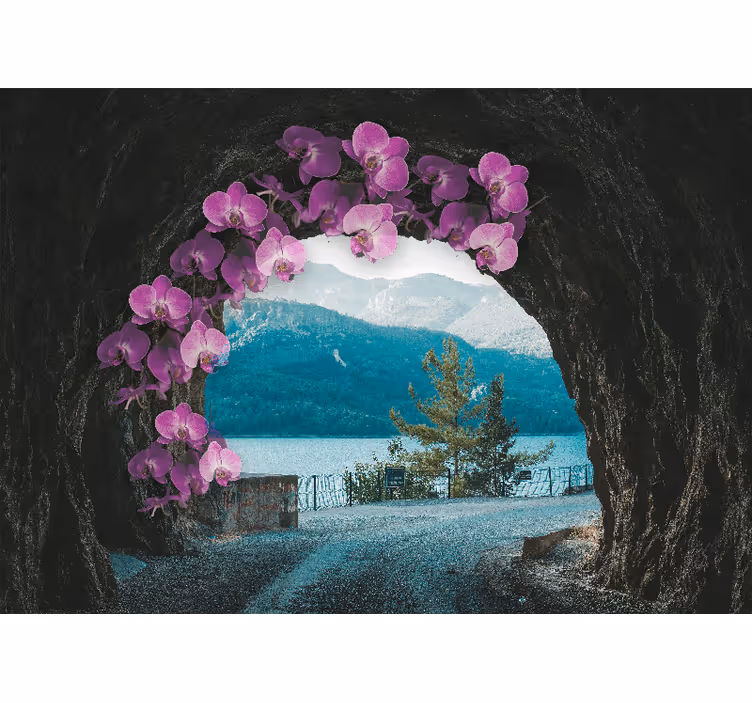 Orkidéer som inramar landskap Fototapeter Blommor - Tenstickers