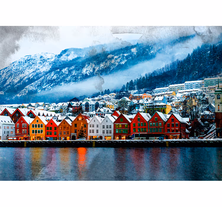 Bergen city river vinter snö fototapeta - Tenstickers