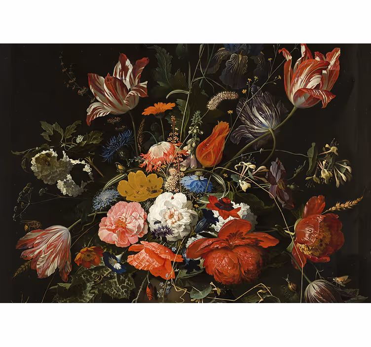 Röd blå och vita blommor konst tapet - Tenstickers