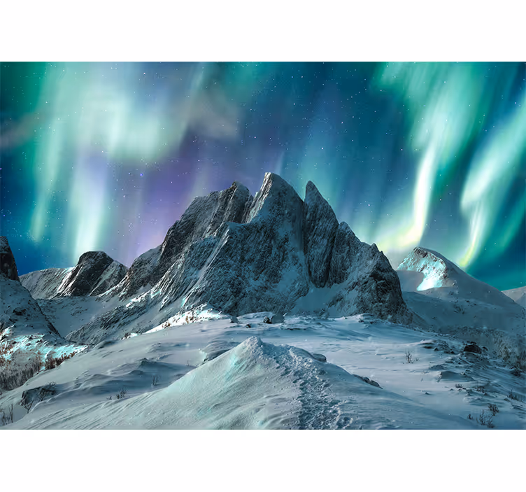 Snöiga berg med norrsken fototapet - Tenstickers