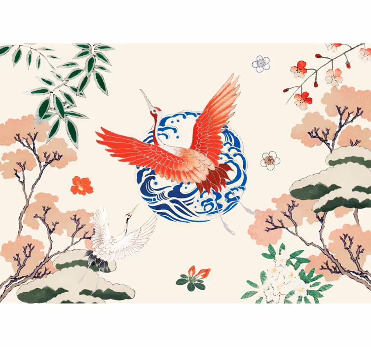 Målad asiatisk zen fågel vintage fototapeta - Tenstickers