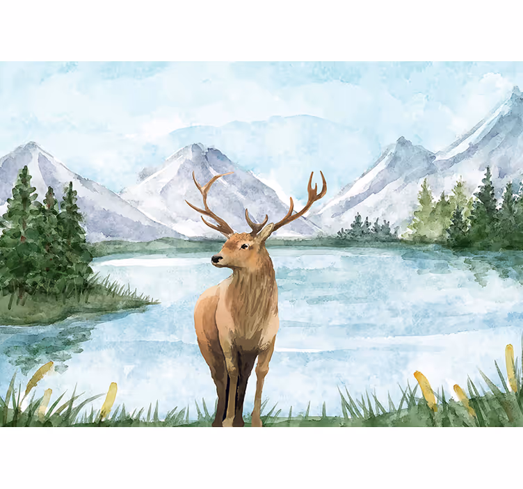 Landskap med sjö och rådjur natur fototapet - Tenstickers