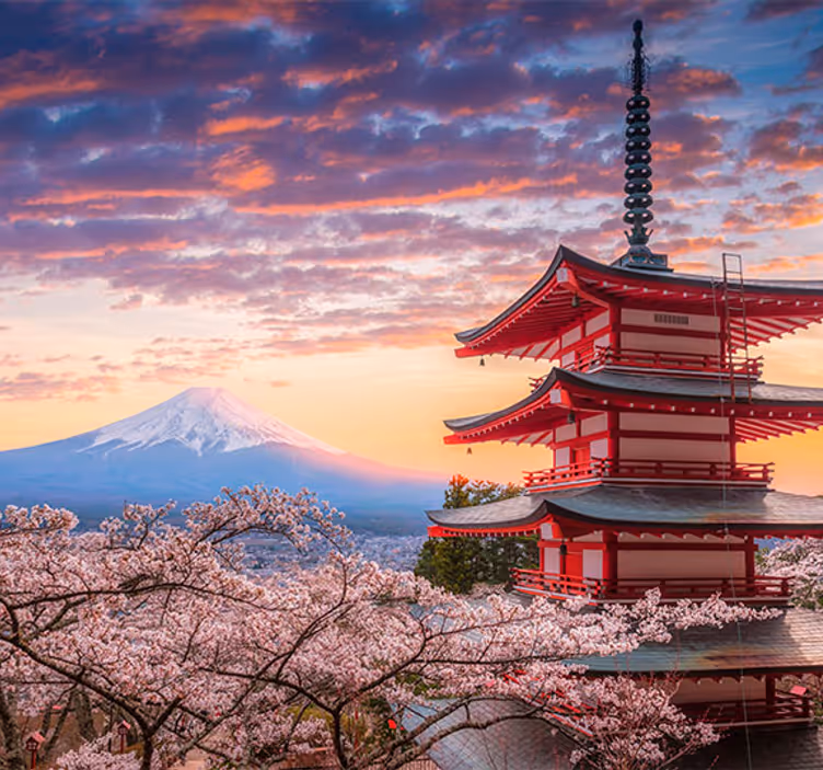 Fuji berg och japanska byggnader fototapeta - Tenstickers