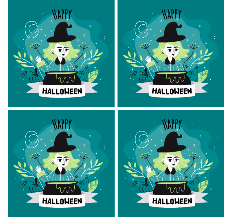 Glasunderlägg halloween häxa med kittel - Tenstickers