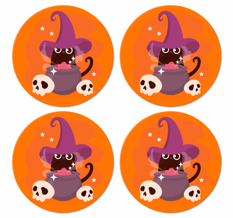 Katt häxa hatt illustration halloween glasunderlägg - Tenstickers