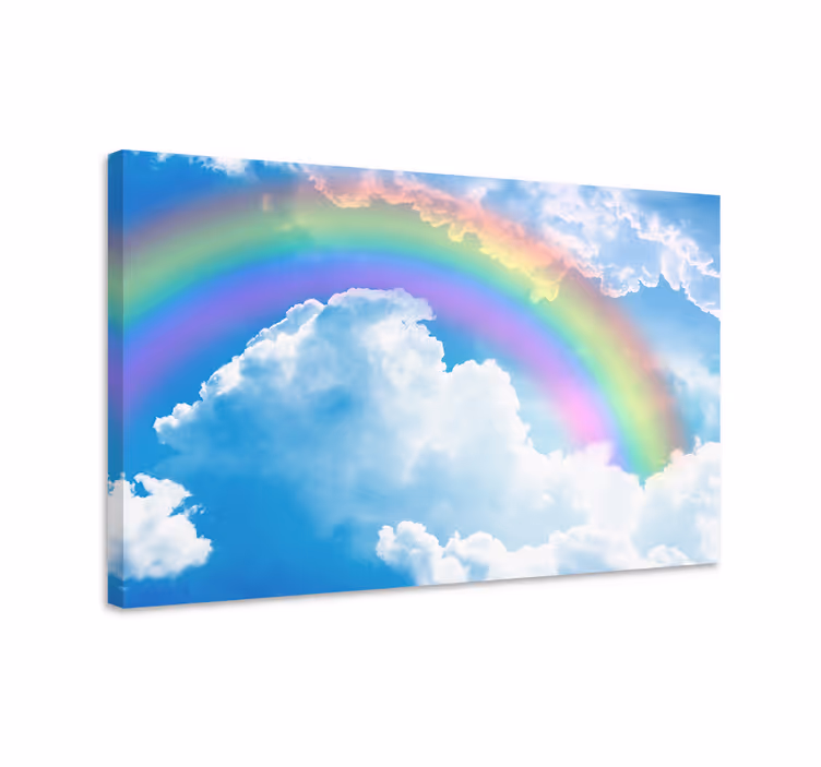 Blå canvas tavla regnbåge på blå himmel med moln - Tenstickers