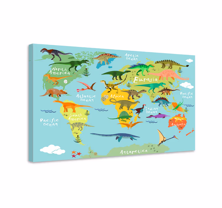 Dinosaurier världskarta kanvastryck för barn - Tenstickers