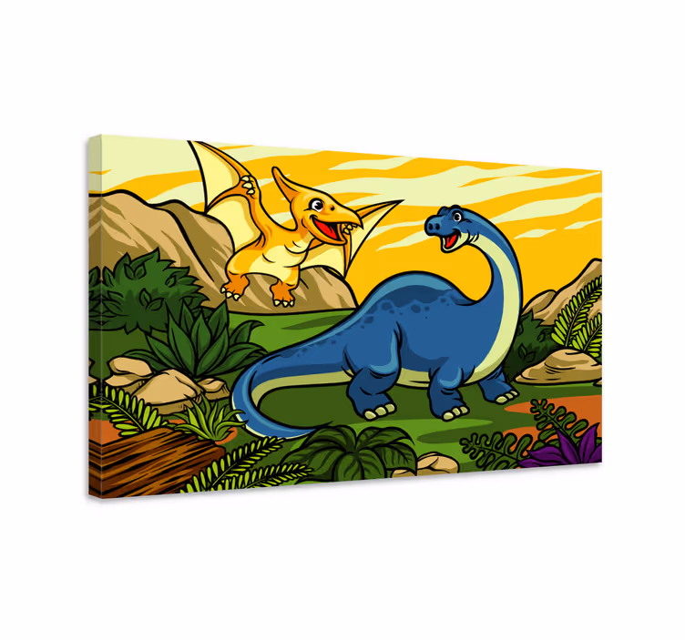 Barn dinosaurie med landskap kanfas konst - Tenstickers