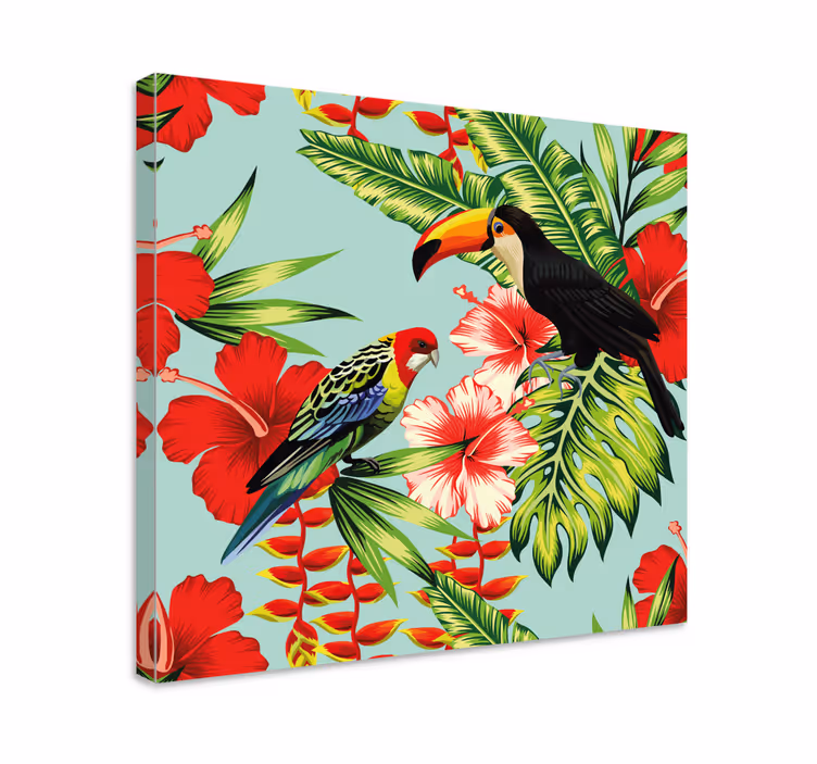 Kanvas djur tropiska fåglar blommor - Tenstickers