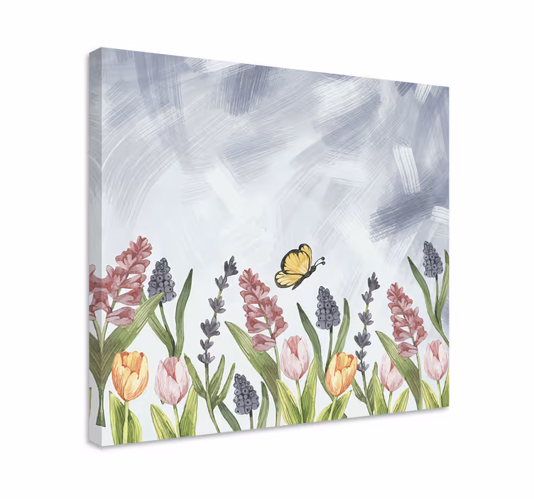 Kanvas blommor och växter fjäril bland blommor - Tenstickers