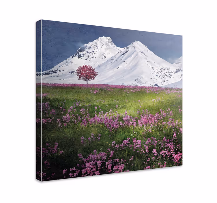 Snöiga berg med blommorcanvas tavla - Tenstickers