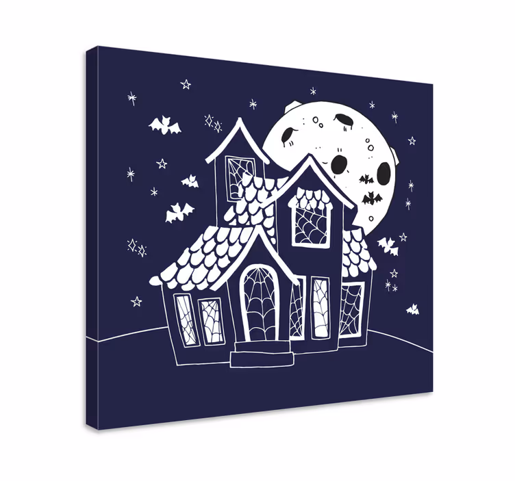 Blått och vitt spökhus modern canvas - Tenstickers