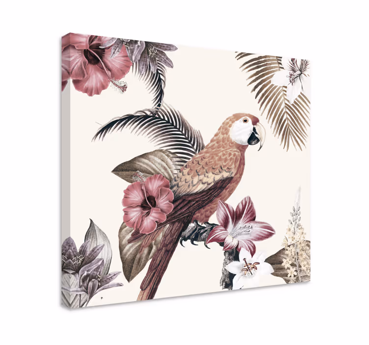 Färgglad papegoja med rosa blommor retrocanvas tavla - Tenstickers