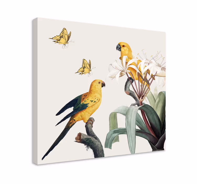 Kanvas blommor och växter gula papegojor och fjärilar - Tenstickers