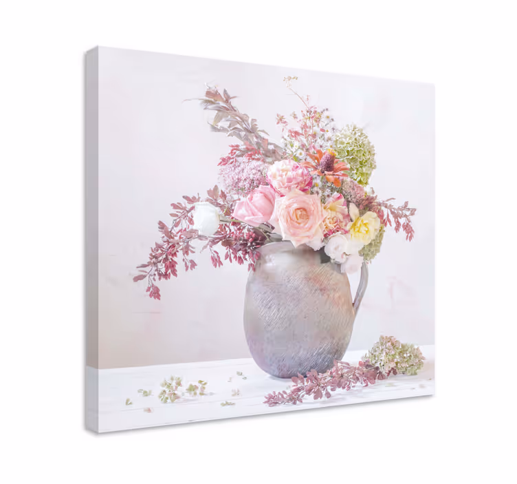 Ljusrosa rosor på en keramisk vas retro canvas - Tenstickers