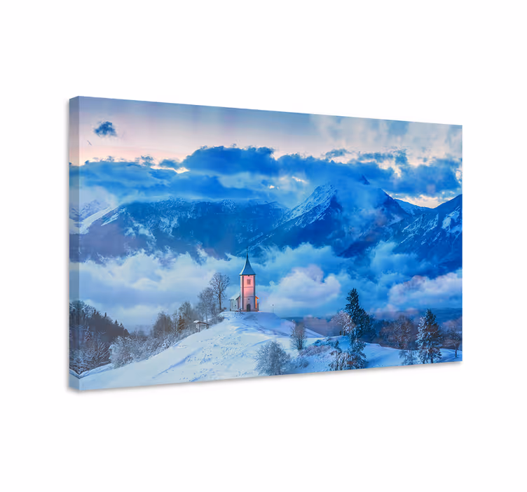 Kanvas landskap snöiga bergskyrkan - Tenstickers