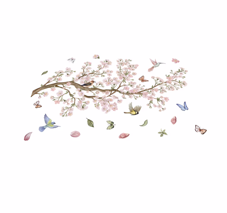 Vinylmatta blommor och växter körsbärsblommor med fåglar - Tenstickers