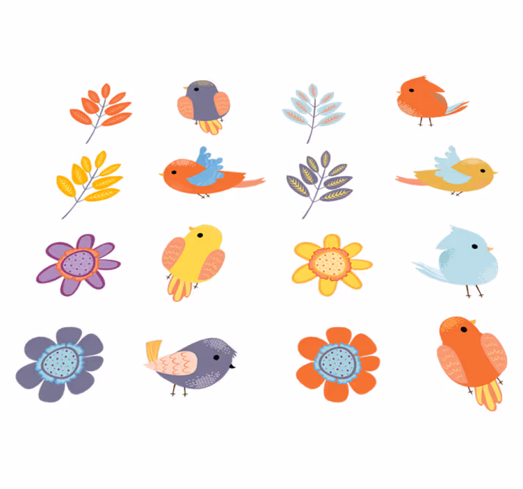 Vinylmatta blommor och växter med vårfåglar - Tenstickers